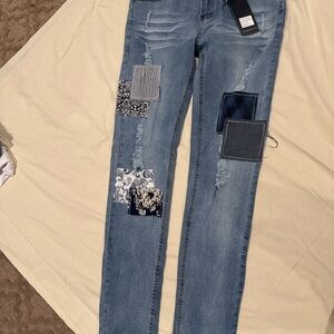 Distressed Blue Straight Leg Jeans with Floral Embroidery